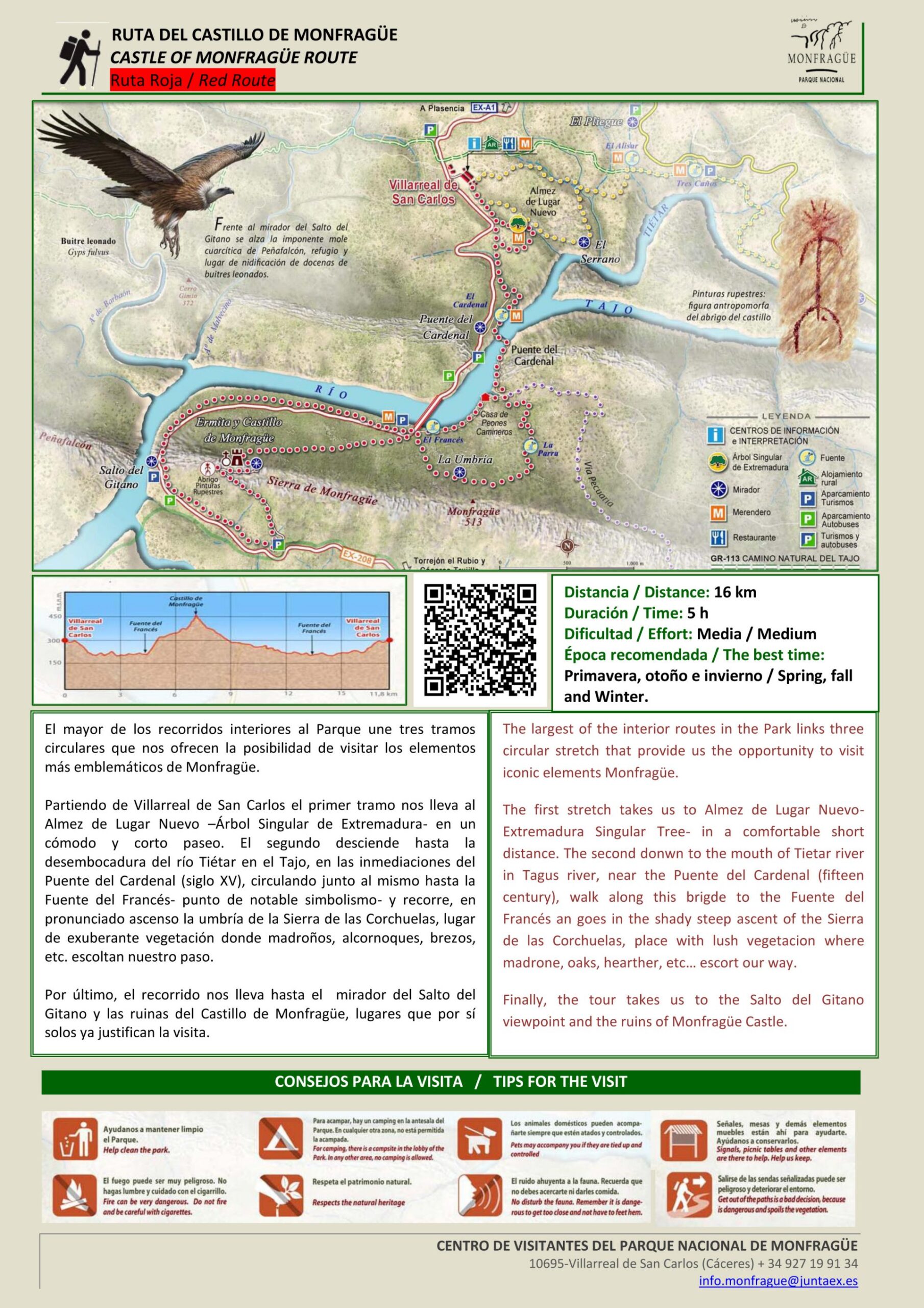 Ruta_roja_3 Mapa informativo de la Ruta del Castillo de Monfragüe, también llamada Ruta Roja, con recorrido, perfil de altitud, distancia, duración y consejos para la visita.