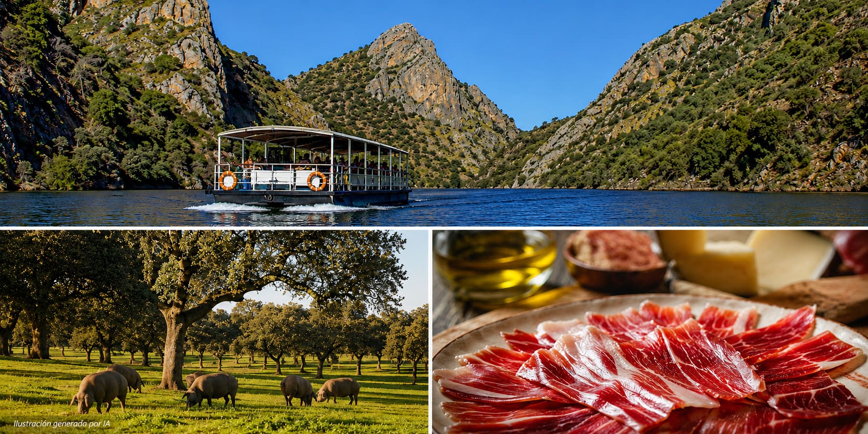 familia_2 Composición con paseo en barco, dehesa con cerdos ibéricos y productos gastronómicos extremeños.