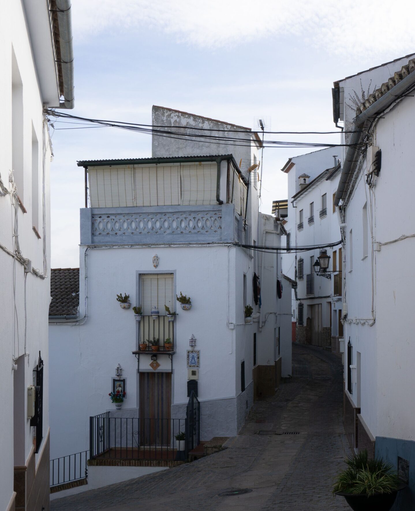 pareja_3 Calle tradicional de un pueblo del entorno de Monfragüe con casas blancas y pavimento de piedra.